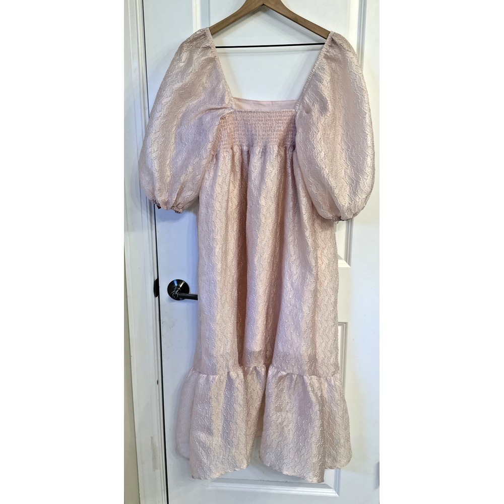 ANTHROPOLOGIE Women Size Small Textured Puff Sleeve Baby Doll Midi Dress Pink - Picture 9 of 14